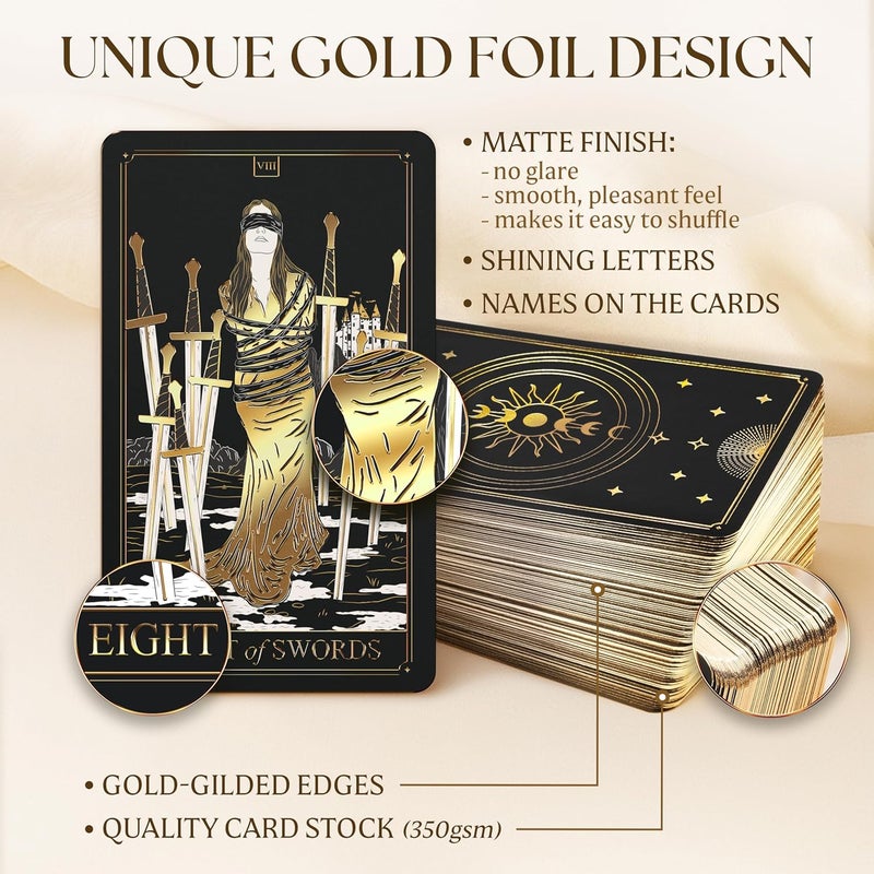 Wyspell Gold Tarot Cards with Guide Book - 78-Card Unique Tarot Deck for Beginners - Gilded Edges & Gold Foil Design - Classic Traditional Tarot Deck - Image 2